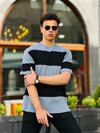 Miron İki Renk Kısa Kollu Tişört Oversize-Siyah-Füme