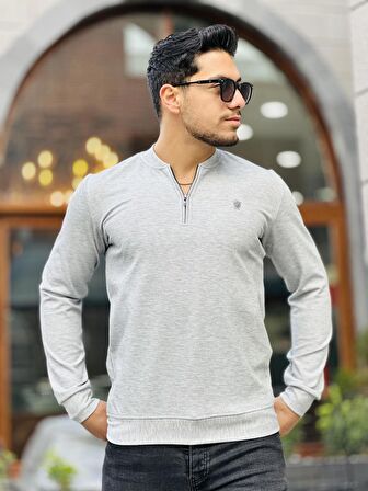 Yarım Fermuarlı Kolej Yaka Sweatshirt Regular Fit-Gri