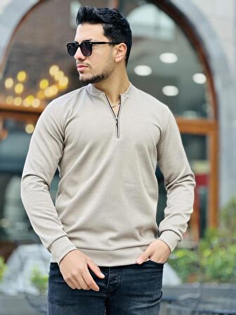 Yarım Fermuarlı Kolej Yaka Sweatshirt Regular Fit-Bej