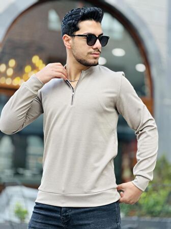 Yarım Fermuarlı Kolej Yaka Sweatshirt Regular Fit-Bej