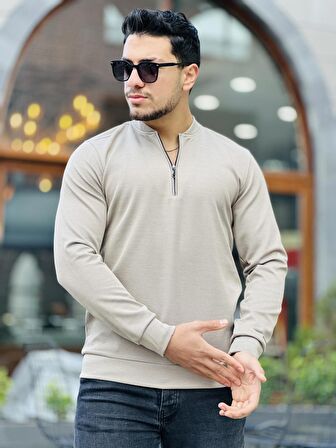 Yarım Fermuarlı Kolej Yaka Sweatshirt Regular Fit-Bej