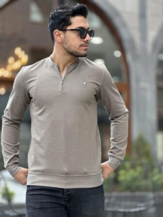 Yarım Fermuarlı Kolej Yaka Sweatshirt Regular Fit-Kahverengi