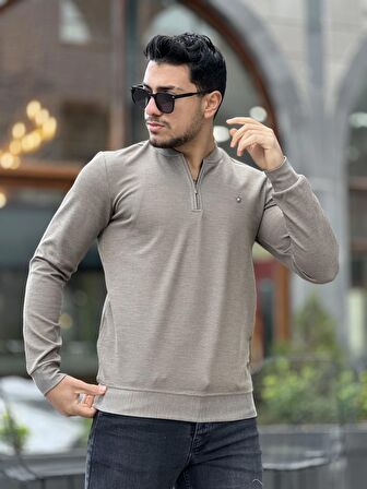 Yarım Fermuarlı Kolej Yaka Sweatshirt Regular Fit-Kahverengi