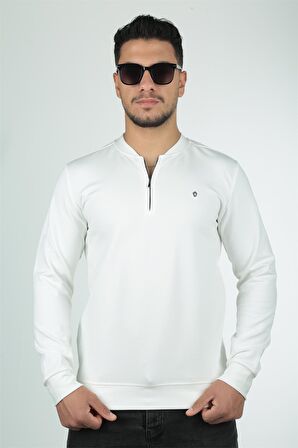 Yarım Fermuarlı Kolej Yaka Sweatshirt Regular Fit-Beyaz