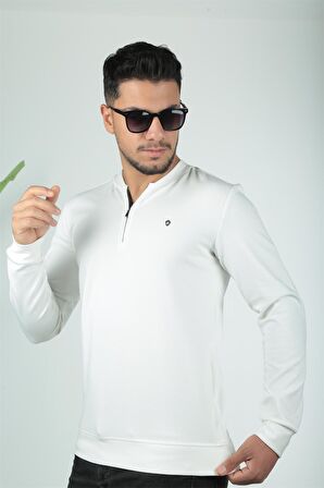 Yarım Fermuarlı Kolej Yaka Sweatshirt Regular Fit-Beyaz