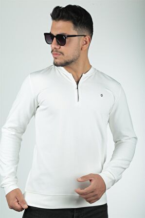 Yarım Fermuarlı Kolej Yaka Sweatshirt Regular Fit-Beyaz