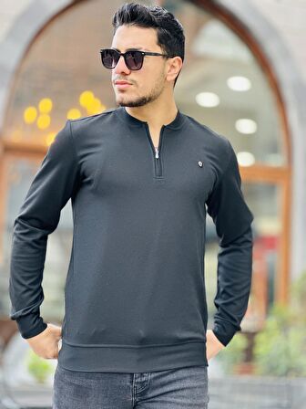 Yarım Fermuarlı Kolej Yaka Sweatshirt Regular Fit-Siyah