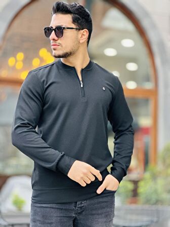 Yarım Fermuarlı Kolej Yaka Sweatshirt Regular Fit-Siyah