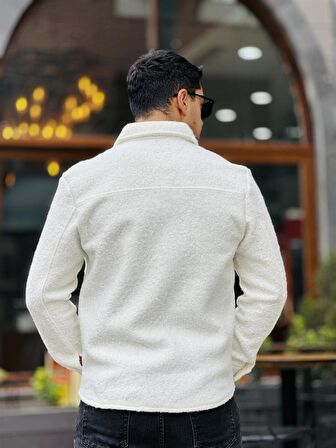Miron Beyaz Kıvırcık Dokulu Kumaş Gömlek Yaka Cepli Regular Fit Ceket