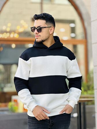 Miron Siyah Beyaz Blok Parçalı Overisize Kapşonlu Üç İplik Sweatshirt