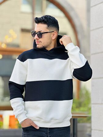 Miron Siyah Beyaz Blok Parçalı Overisize Kapşonlu Üç İplik Sweatshirt