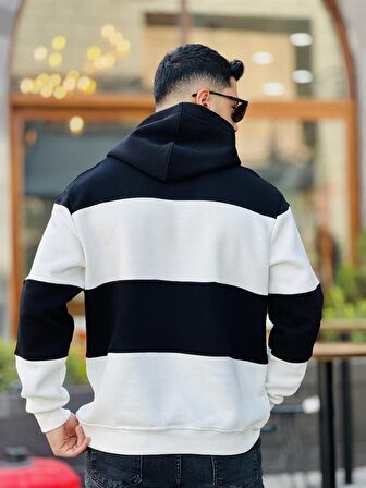 Miron Siyah Beyaz Blok Parçalı Overisize Kapşonlu Üç İplik Sweatshirt
