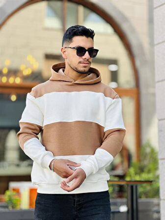 Miron Kamel Beyaz Blok Parçalı Overisize Kapşonlu Üç İplik Sweatshirt