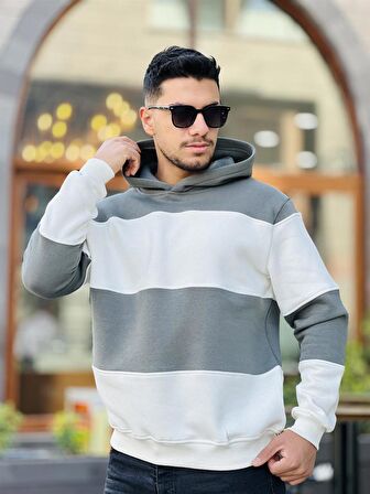 Miron Haki Beyaz Blok Parçalı Overisize Kapşonlu Üç İplik Sweatshirt