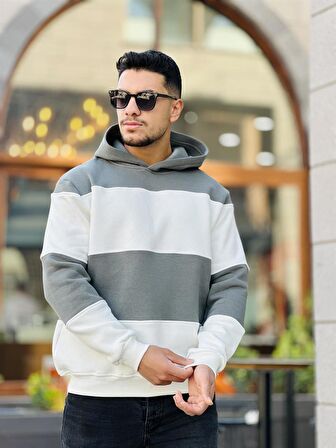 Miron Haki Beyaz Blok Parçalı Overisize Kapşonlu Üç İplik Sweatshirt