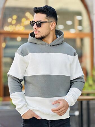 Miron Haki Beyaz Blok Parçalı Overisize Kapşonlu Üç İplik Sweatshirt