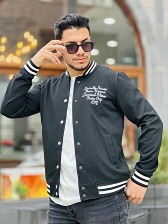 Miron Siyah Pike Dokulu Nakış Detaylı Regular Fit Kolej Ceket