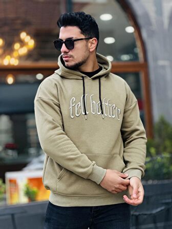 Miron Haki Fell Better Nakışlı Kapşonlu Üç İplik Oversize Sweatshirt