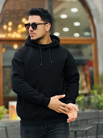 Miron Siyah Fell Better Nakışlı Kapşonlu Üç İplik Oversize Sweatshirt