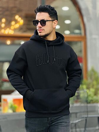 Miron Siyah Fell Better Nakışlı Kapşonlu Üç İplik Oversize Sweatshirt