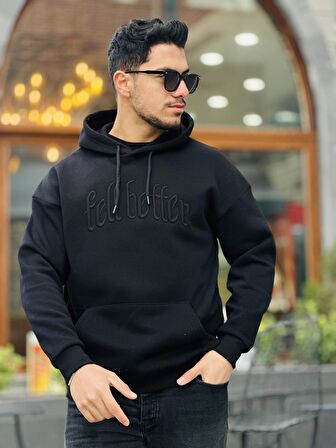 Miron Siyah Fell Better Nakışlı Kapşonlu Üç İplik Oversize Sweatshirt