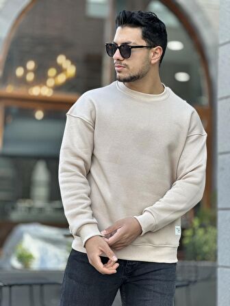 Miron Bej Unisex Üç İplik İçi Şardonlu Bisiklet Yaka Oversize Sweatshirt