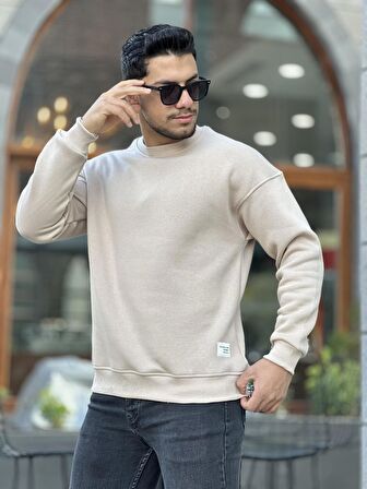 Miron Bej Unisex Üç İplik İçi Şardonlu Bisiklet Yaka Oversize Sweatshirt