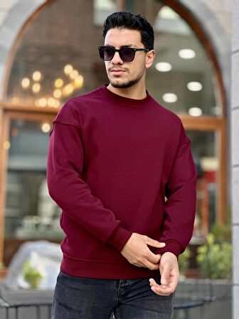 Miron Bordo Unisex Üç İplik İçi Şardonlu Bisiklet Yaka Oversize Sweatshirt