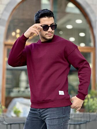 Miron Bordo Unisex Üç İplik İçi Şardonlu Bisiklet Yaka Oversize Sweatshirt