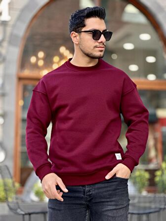 Miron Bordo Unisex Üç İplik İçi Şardonlu Bisiklet Yaka Oversize Sweatshirt