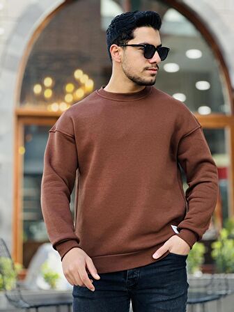 Miron Kahverengi Unisex Üç İplik İçi Şardonlu Bisiklet Yaka Oversize Sweatshirt