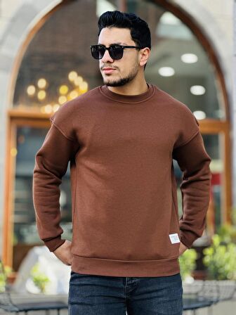 Miron Kahverengi Unisex Üç İplik İçi Şardonlu Bisiklet Yaka Oversize Sweatshirt