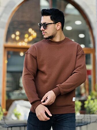 Miron Kahverengi Unisex Üç İplik İçi Şardonlu Bisiklet Yaka Oversize Sweatshirt