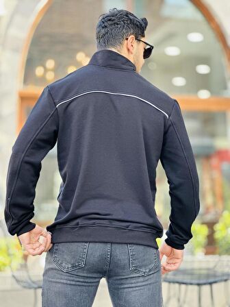 Miron Siyah Üç İplik Fermuarlı Nakış Detaylı Regular Fit Sweatshirt