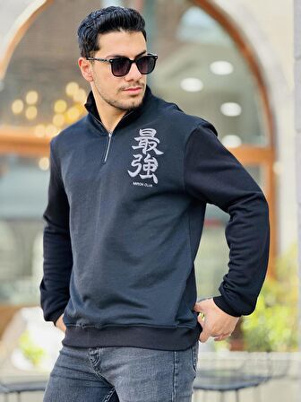 Miron Siyah Üç İplik Fermuarlı Nakış Detaylı Regular Fit Sweatshirt