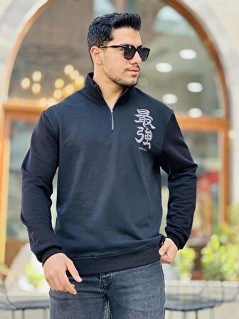 Miron Siyah Üç İplik Fermuarlı Nakış Detaylı Regular Fit Sweatshirt