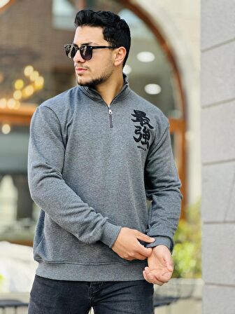 Miron Antrasit Üç İplik Fermuarlı Nakış Detaylı Regular Fit Sweatshirt