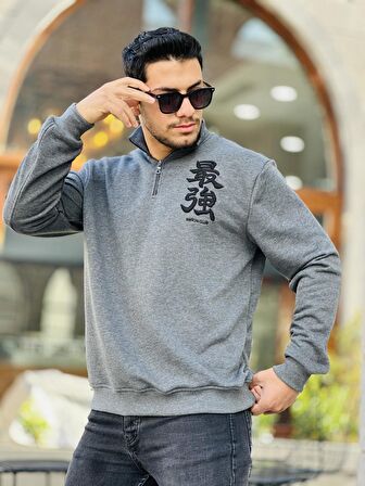 Miron Antrasit Üç İplik Fermuarlı Nakış Detaylı Regular Fit Sweatshirt