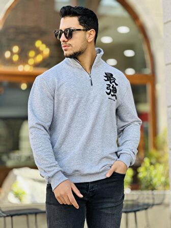 Miron Gri Üç İplik Fermuarlı Nakış Detaylı Regular Fit Sweatshirt