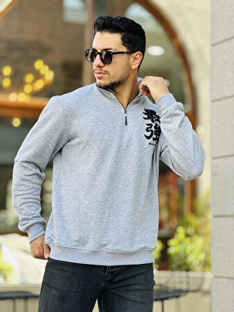 Miron Gri Üç İplik Fermuarlı Nakış Detaylı Regular Fit Sweatshirt