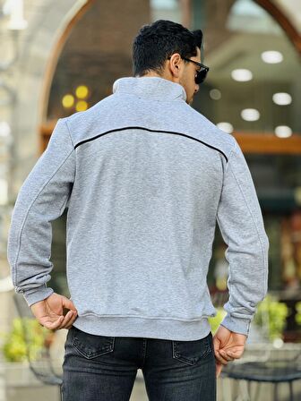 Miron Gri Üç İplik Fermuarlı Nakış Detaylı Regular Fit Sweatshirt