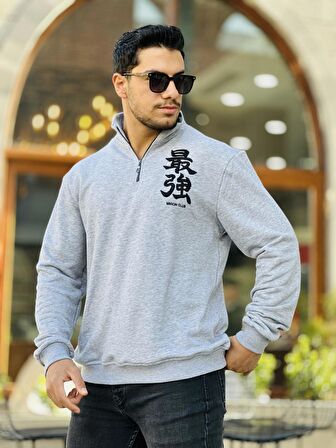 Miron Gri Üç İplik Fermuarlı Nakış Detaylı Regular Fit Sweatshirt