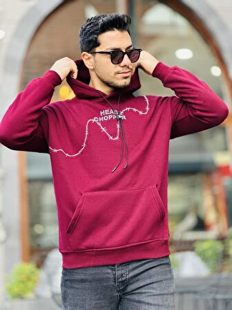 Miron Bordo Üç İplik Head Chopper Nakışlı Oversize Kapşonlu Sweatshirt