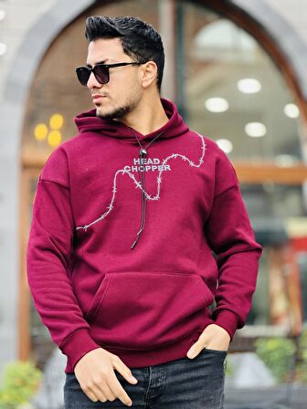 Miron Bordo Üç İplik Head Chopper Nakışlı Oversize Kapşonlu Sweatshirt