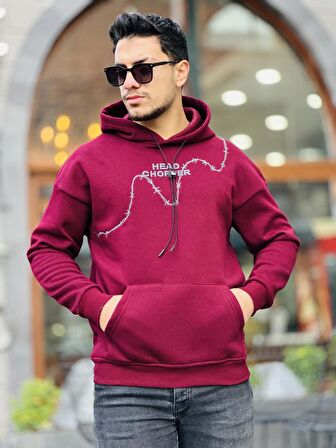 Miron Bordo Üç İplik Head Chopper Nakışlı Oversize Kapşonlu Sweatshirt