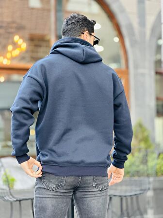 Miron Lacivert Üç İplik Head Chopper Nakışlı Oversize Kapşonlu Sweatshirt