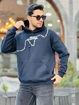 Miron Lacivert Üç İplik Head Chopper Nakışlı Oversize Kapşonlu Sweatshirt