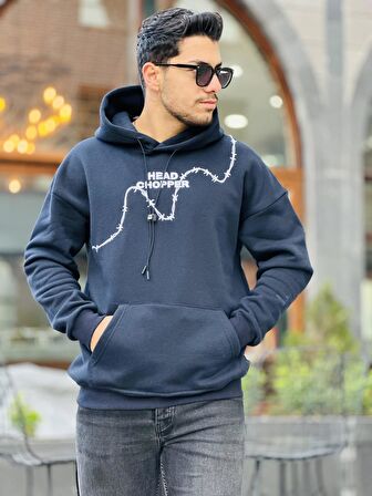 Miron Lacivert Üç İplik Head Chopper Nakışlı Oversize Kapşonlu Sweatshirt