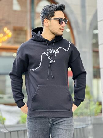 Miron Siyah Üç İplik Head Chopper Nakışlı Oversize Kapşonlu Sweatshirt