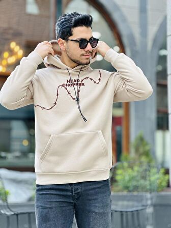 Miron Bej Üç İplik Head Chopper Nakışlı Oversize Kapşonlu Sweatshirt
